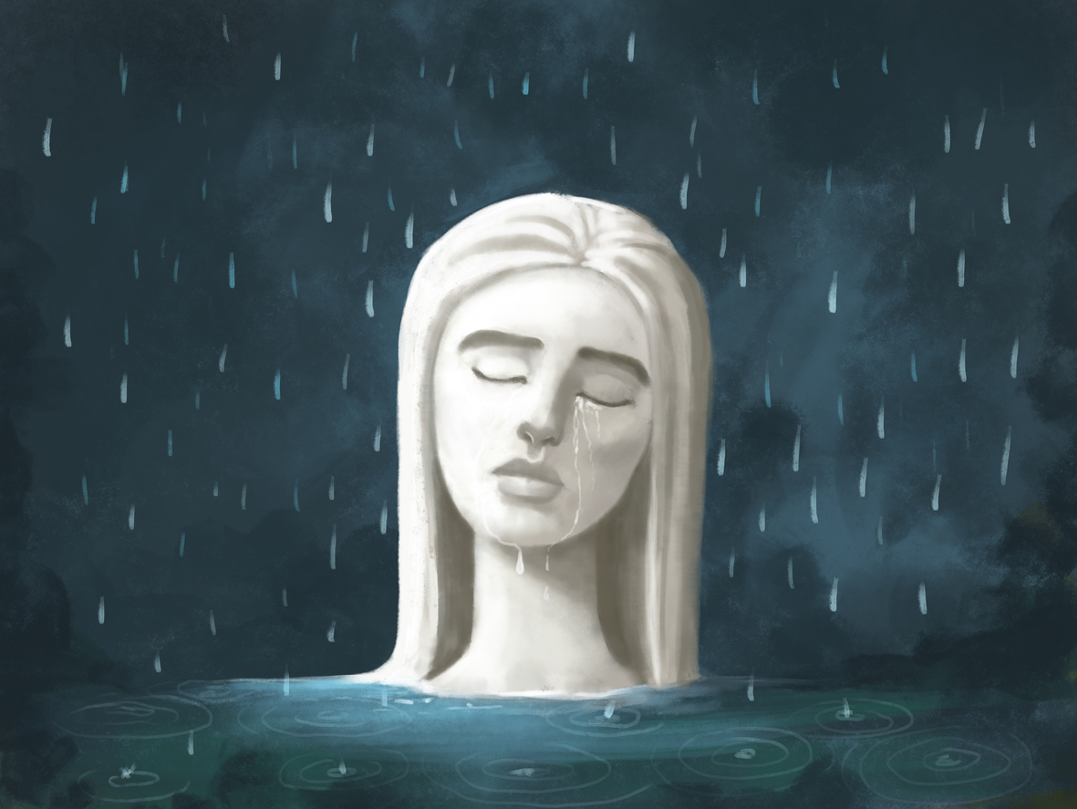 Woman crying surrounded by rain