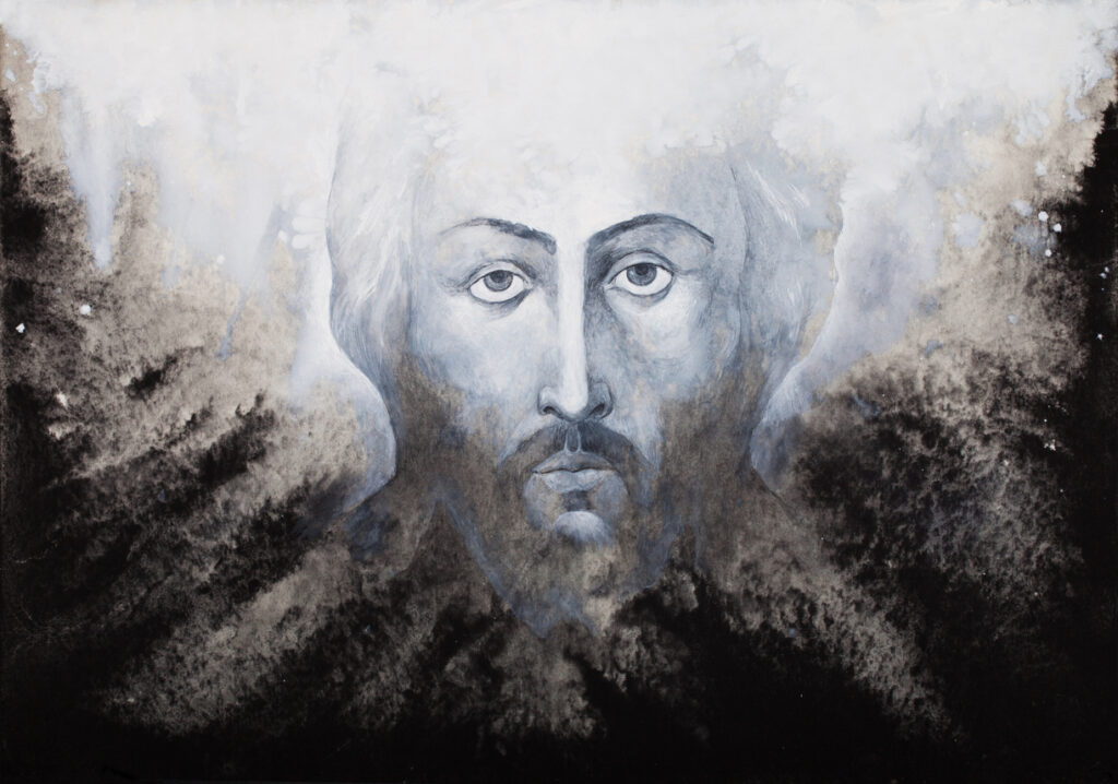 Painting of Jesus in grey watercolours