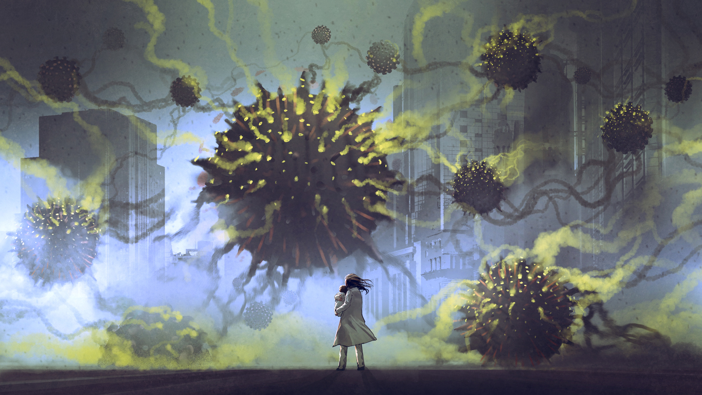 People surrounded by giant viruses in a toxic environment