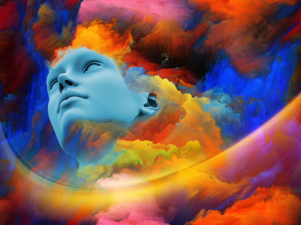 Illustration of a woman'a head surrounded with multicoloured clouds