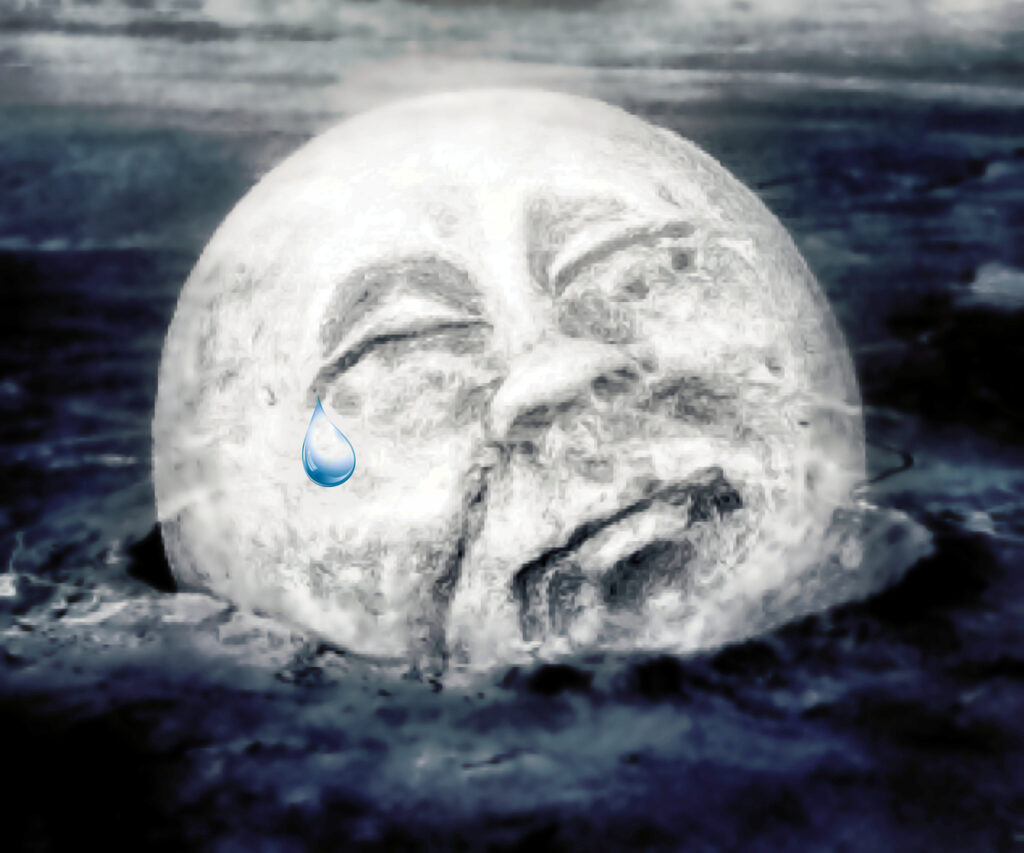 Sad moon sinking in water