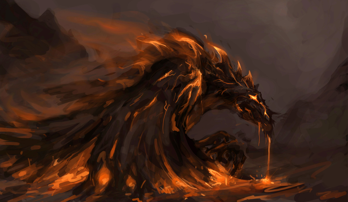 Beast surrounded by flames looking defeated