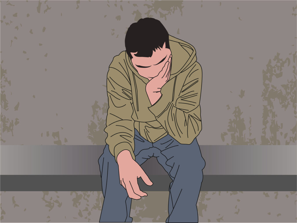 Illustration of a man in deep thought sitting on a bench