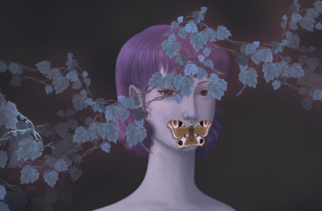 Illustration of neurodiverse woman with butterfly over her mouth