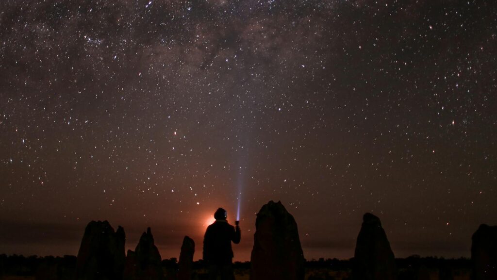 Back view silhouette of anonymous person shining flashlight at sky with glowing stars while sitting in nature at night time representing seeking the truth around DEI