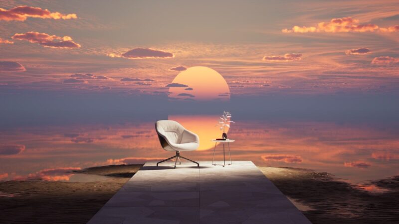 a white chair sitting on top of a wooden platform; Respresents a wellbeing leader