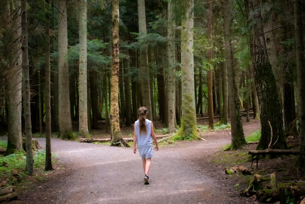 girl walking near trees: at an AI crossroads