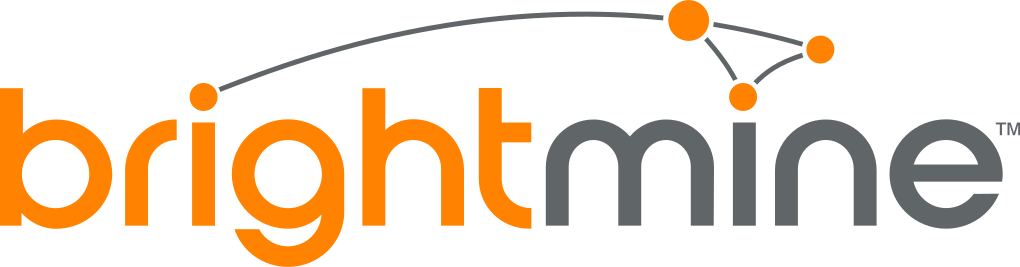 Logo of Brightmine with "bright" in vibrant orange and "mine" in sleek gray. Above the text, an abstract arc of interconnected orange dots adds a dynamic touch.