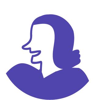 A simple purple and white drawing depicting a person in profile view with a large nose and pronounced lips, speaking or smiling, with shoulder-length hair, captures the essence of someone poised to lead culture change.