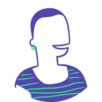 Illustration of a person with short hair, a green hoop earring, and a striped shirt, drawn in purple and green lines, embodying the spirit to lead culture change, without facial features.