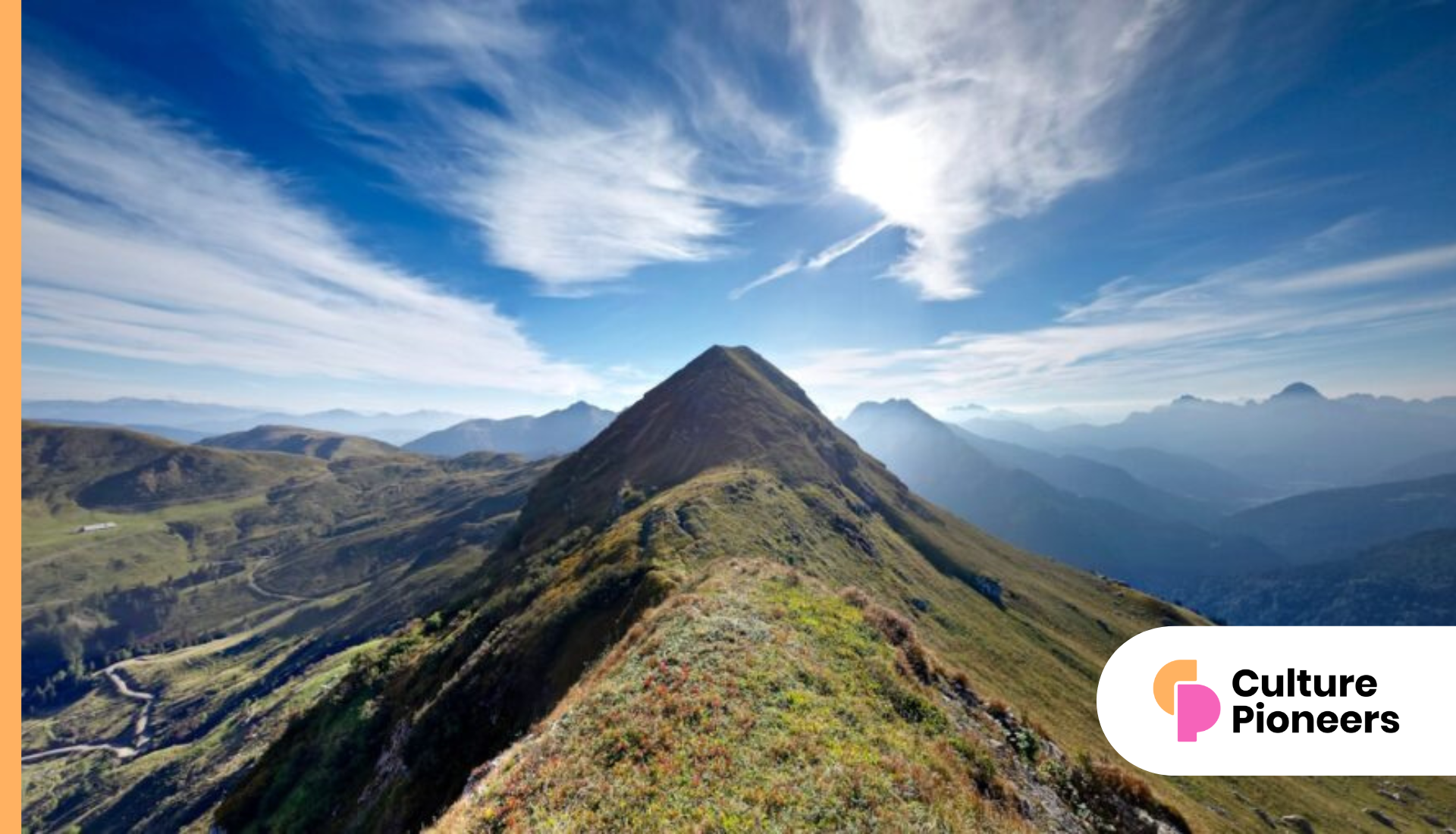 Mountain peak under a blue sky with clouds, framed by distant mountain ranges in the background; logo with "Culture Pioneers" at the bottom right, highlighting how #ImpactMatters.