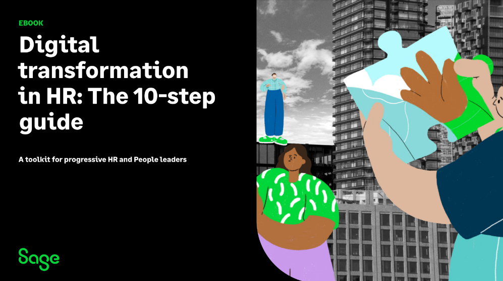 Ebook cover titled "Digital transformation in HR: the 10-step guide" with abstract illustrations of people and buildings.