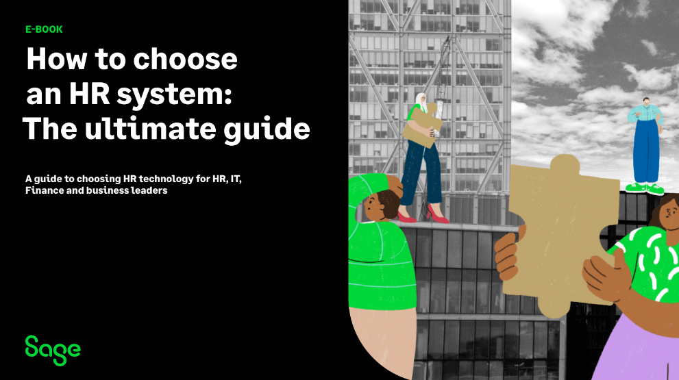 Cover image of an e-book titled "How to choose an HR system: The ultimate guide," featuring illustrated people holding puzzle pieces in front of a building.