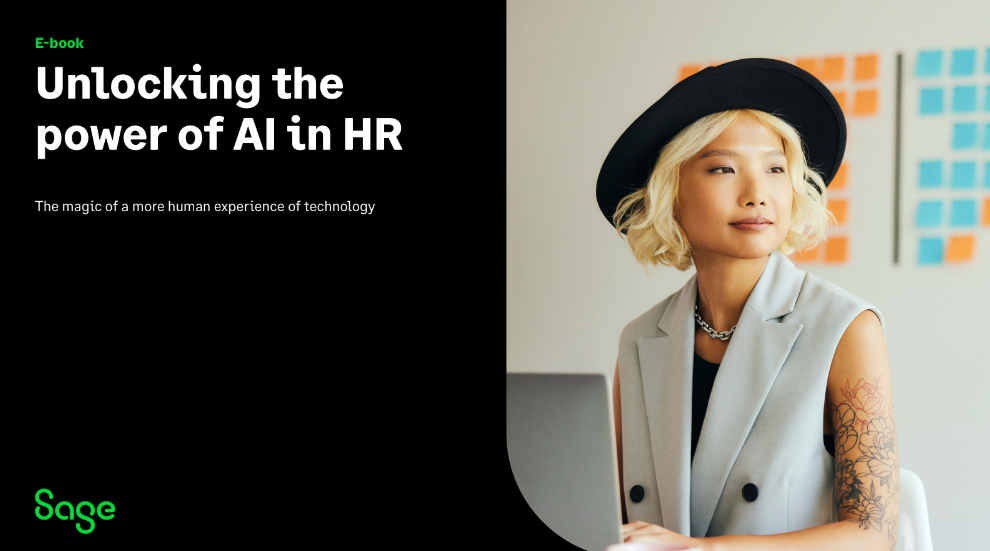 A person wearing a hat and sleeveless vest sits at a desk. Text reads: "Unlocking the power of AI in HR through Elementor—the magic of a more human experience of technology." Sage logo is visible.