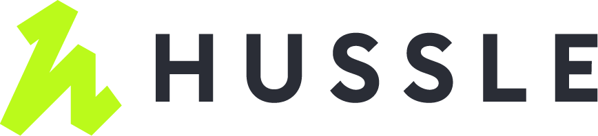 The logo of Hussle showcases a stylized, angular "H" in bright yellow-green to the left, perfectly complementing the bold, black letters that spell out "HUSSLE," capturing the brand's dynamic energy.