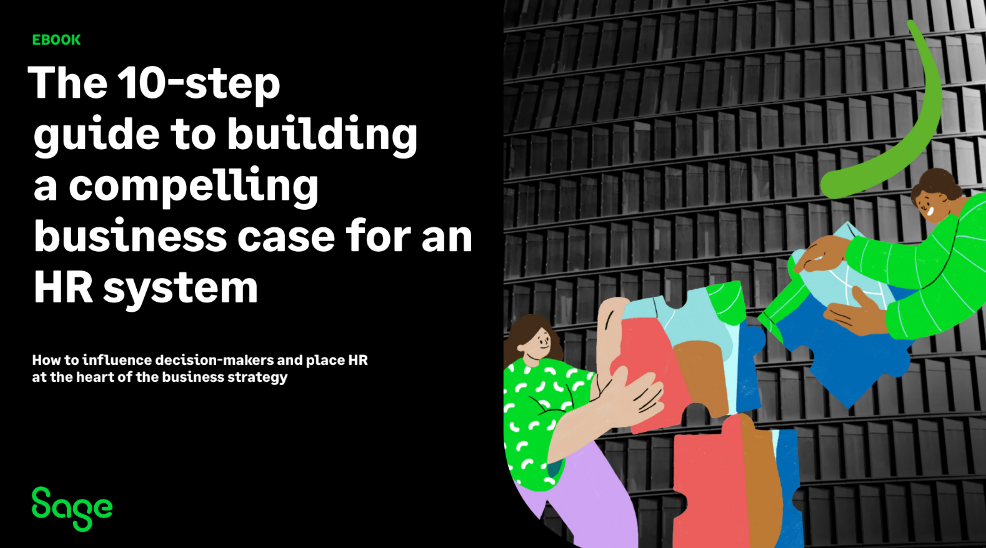 Cover of an ebook titled "The 10-step guide to building a compelling business case for an HR system" with an illustration of people organizing colorful folders.